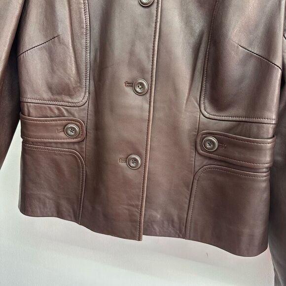Ann Taylor Loft Women’s Espresso Dark Chocolate Brown  Leather 4 Button Collar J - Picture 8 of 15